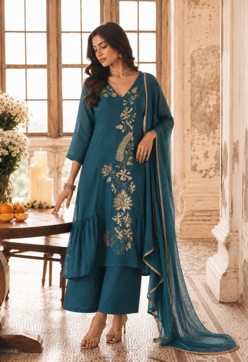 Chanderi Readymade Salwar Kameez in Teal